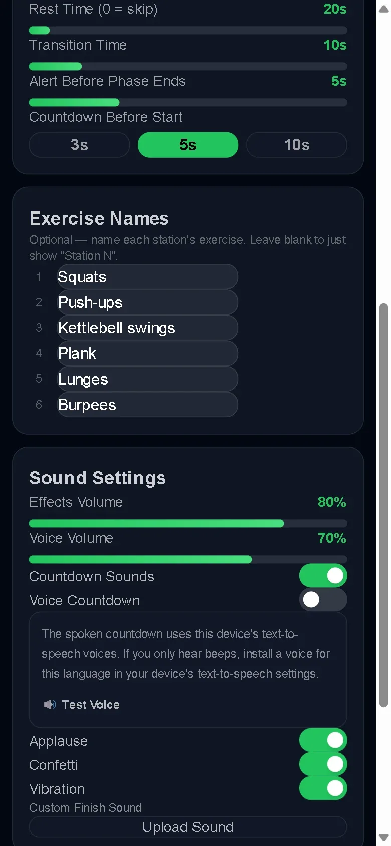 Sliders for rest, transition and alert time, the get-ready countdown choice, and exercise names for six stations
