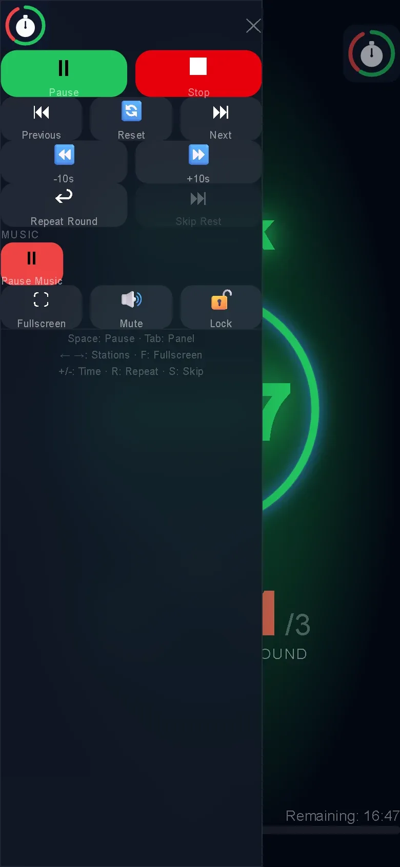 The control panel open over the timer, with pause, stop, previous, next, skip rest, repeat round, add and remove time, mute, lock and fullscreen