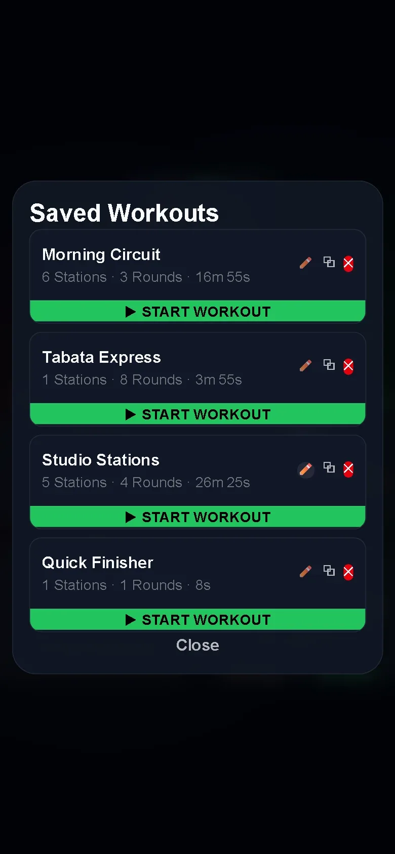 The saved workouts list with a start button for each workout