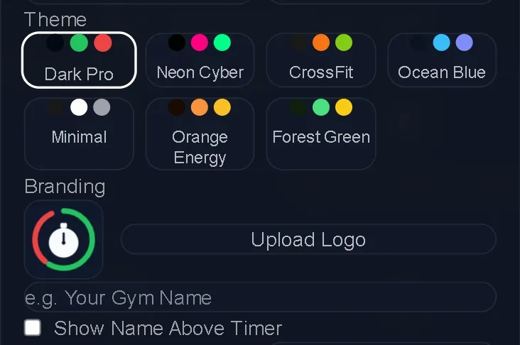 Settings showing the seven themes, with Dark Pro selected, and the branding options for a logo and a display name